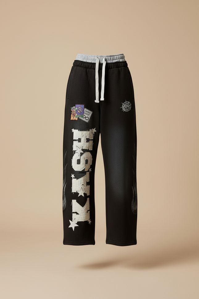 Pantalon Baggy Noir Ample Imprimé Décontracté Femme - Molleton - vue 3