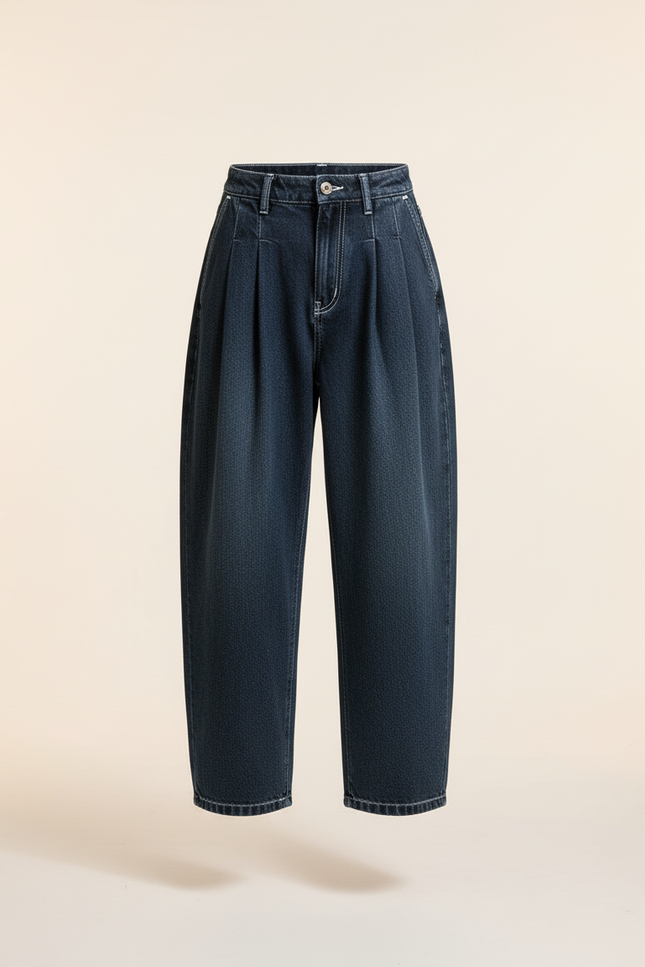 Pantalon Baggy Bleu Marine Ample Plissé Coton - Jean - vue 3