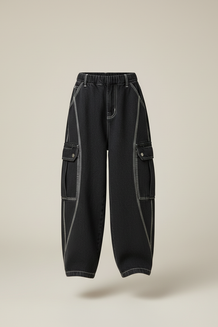 Pantalon Baggy Noir Denim Cargo Ample Garçon - Jean - vue 3