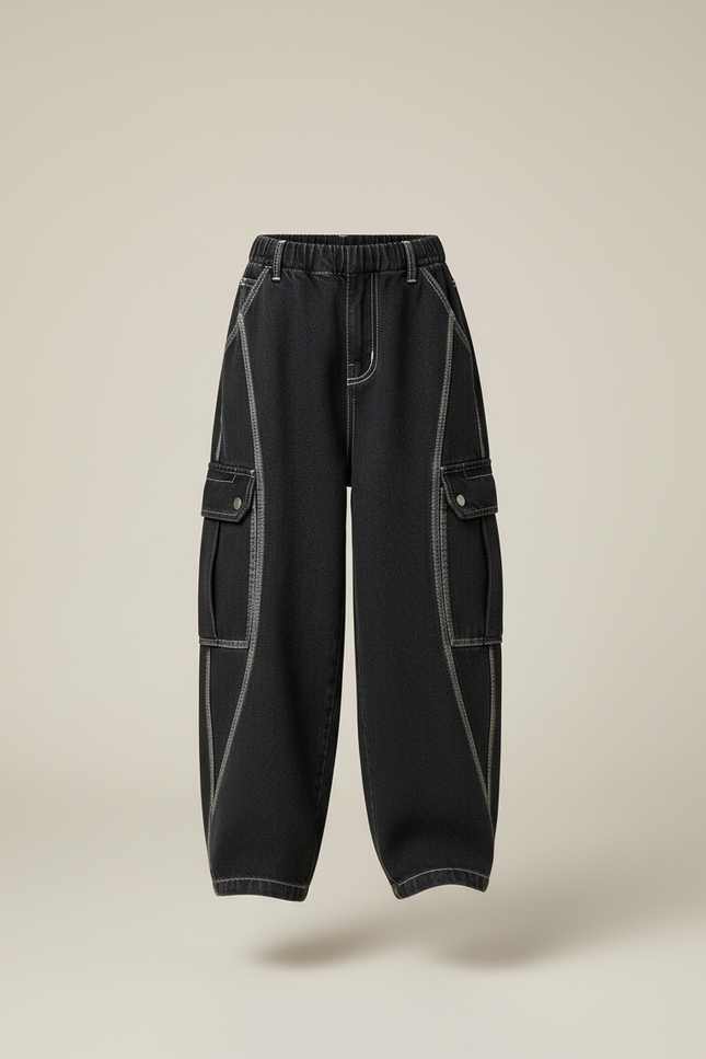 Pantalon Baggy Noir Denim Cargo Ample Garçon - Jean - vue 3