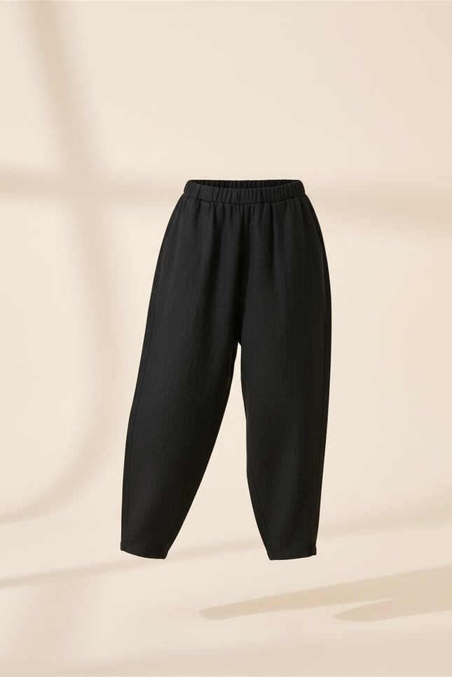 Pantalon Baggy Fille Noir Taille Élastique - Lin - vue 3