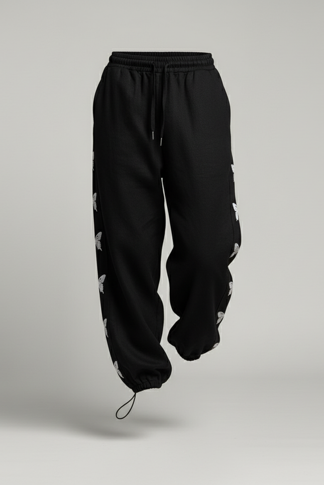 Pantalon Baggy Noir Papillons Ample Cordon Streetwear - Molleton - vue 3