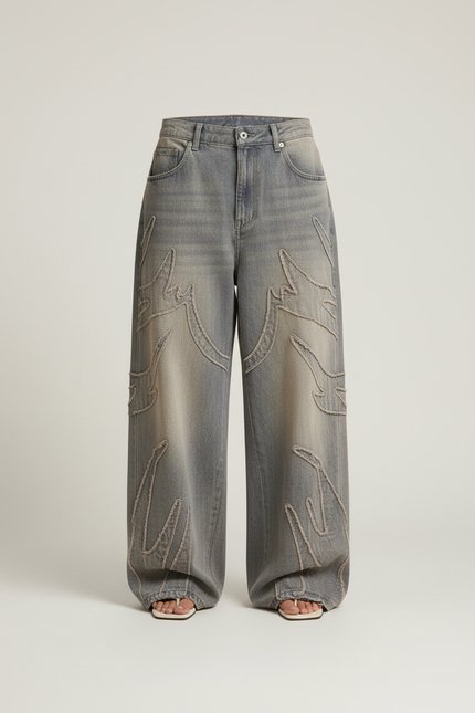 Pantalon Baggy Jean Délavé Motifs Flammes Ample - Bleu - vue 3