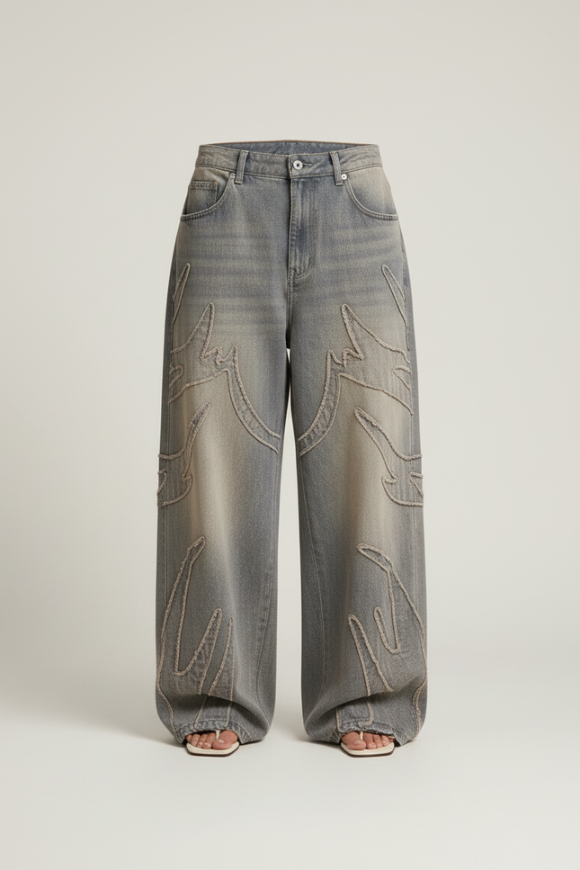 Pantalon Baggy Jean Délavé Motifs Flammes Ample - Bleu - vue 3