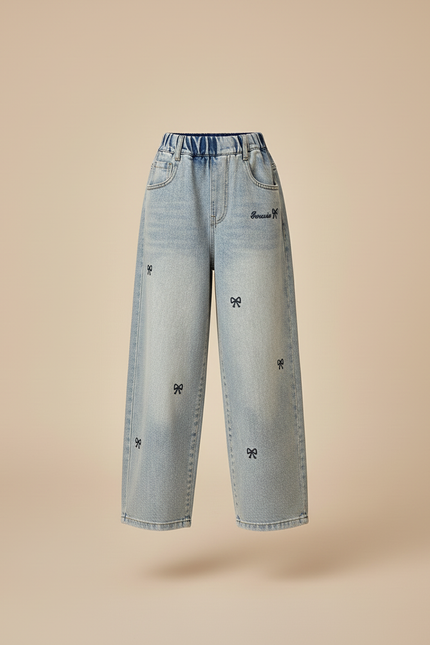 Pantalon Baggy Denim Bleu Nœuds Brodés Fille - Jean - vue 3