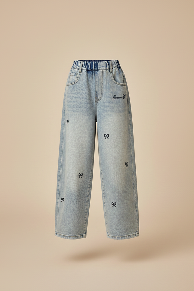 Pantalon Baggy Denim Bleu Nœuds Brodés Fille - Jean - vue 3