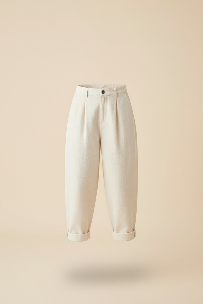 Pantalon Baggy Crème Coton Ample Décontracté Fille - Beige - vue 3
