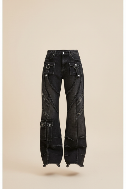 Pantalon Baggy Noir Délavé Patchwork Cargo Y2K Femme - Jean - vue 3