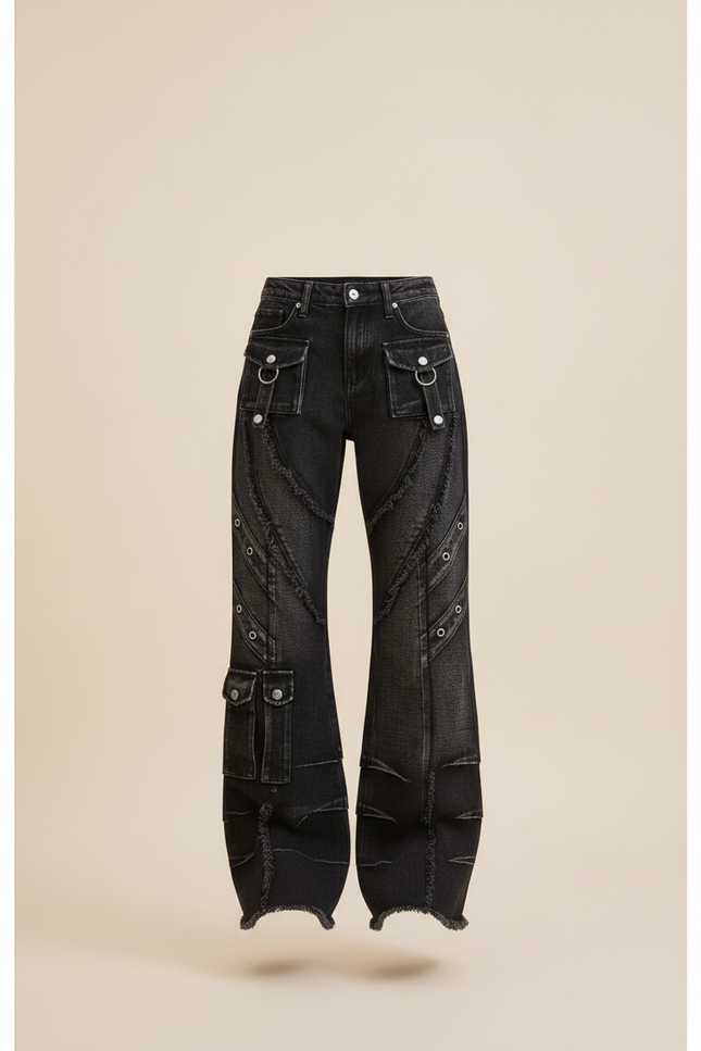 Pantalon Baggy Noir Délavé Patchwork Cargo Y2K Femme - Jean - vue 3