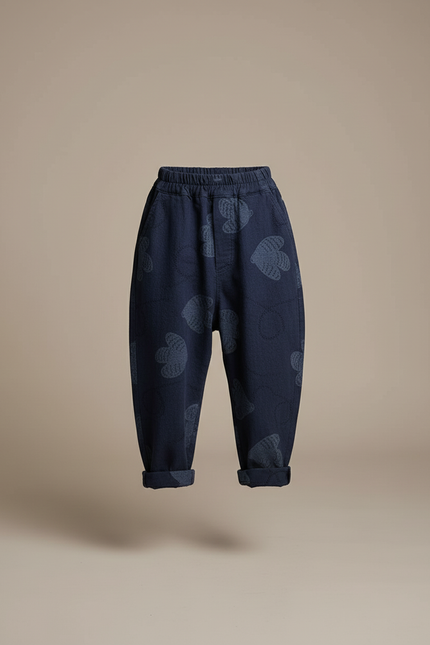 Pantalon Baggy Bleu Marine Ample Coton Motifs Cœurs Enfant - vue 3
