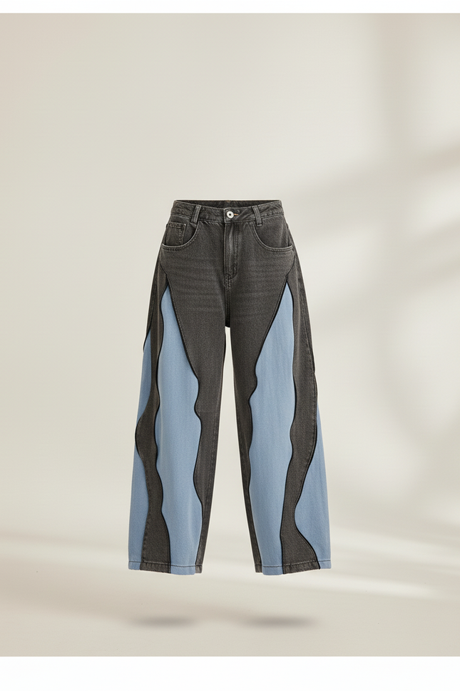 Pantalon Baggy Gris Bleu Ondulé Décontracté - Multicolore Jean - vue 3