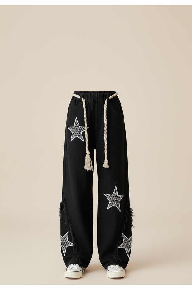 Pantalon Baggy Noir Étoiles Franges Ample Fille - Jean - vue 3