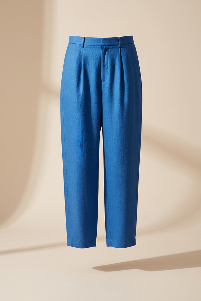 Pantalon Baggy Bleu Lin Ample Plissé Femme Élégant - vue 3