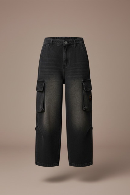 Pantalon Baggy Jean Cargo Noir Ample Enfant - vue 3