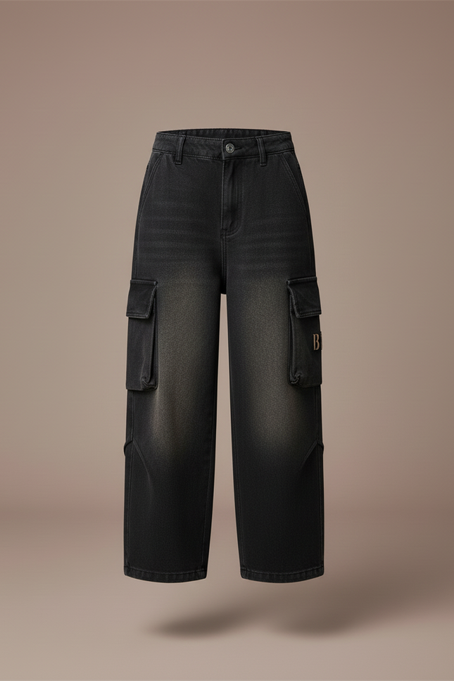 Pantalon Baggy Jean Cargo Noir Ample Enfant - vue 3