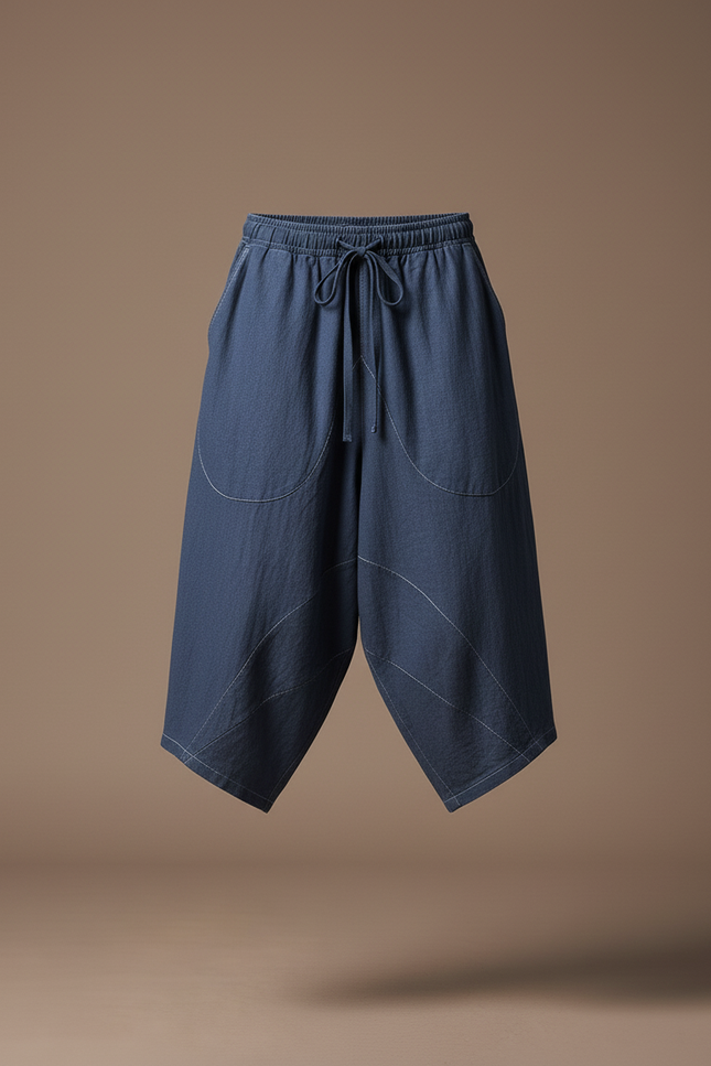 Pantalon Baggy Bleu Lin Ample Décontracté Homme Cordon - vue 3