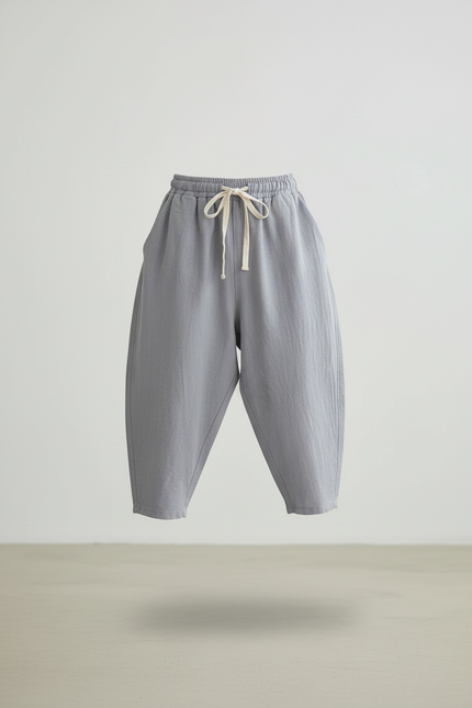 Pantalon Baggy Gris Lin Ample Décontracté Cordon - vue 3
