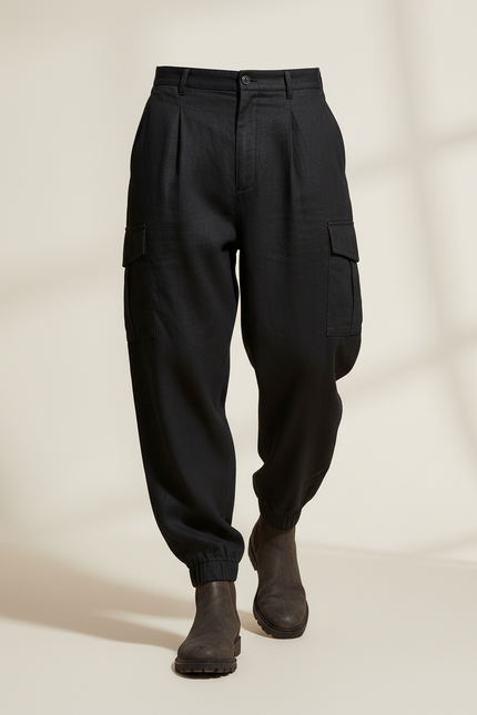 Pantalon Baggy Noir Lin Cargo Plissé Homme - vue 3