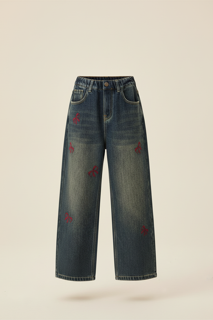 Pantalon Baggy Jean Délavé Ample Brodé Enfant - Bleu - vue 3