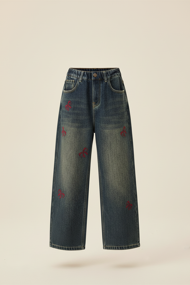 Pantalon Baggy Jean Délavé Ample Brodé Enfant - Bleu - vue 3