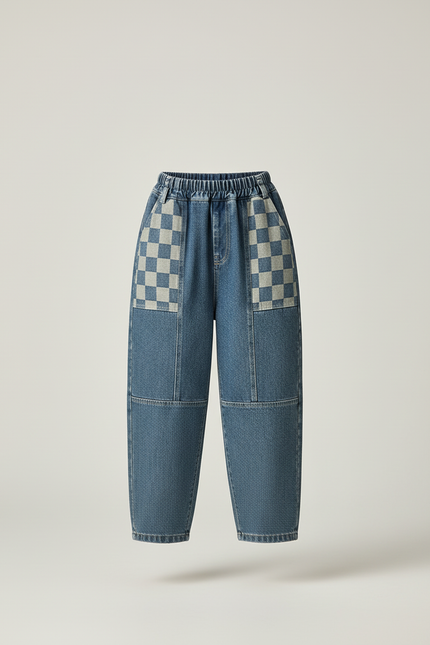 Pantalon Baggy Jean Denim Carreaux Décontracté Garçon - Bleu - vue 3