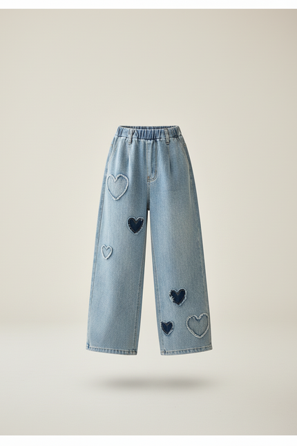 Pantalon Baggy Jean Cœurs Ample Bleu Fille - vue 3