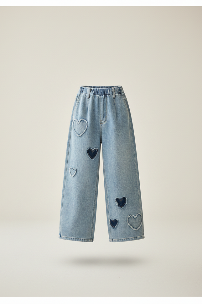 Pantalon Baggy Jean Cœurs Ample Bleu Fille - vue 3