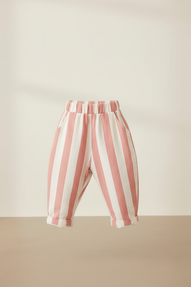 Pantalon Baggy Rayé Rose Coton Ample Décontracté - vue 3
