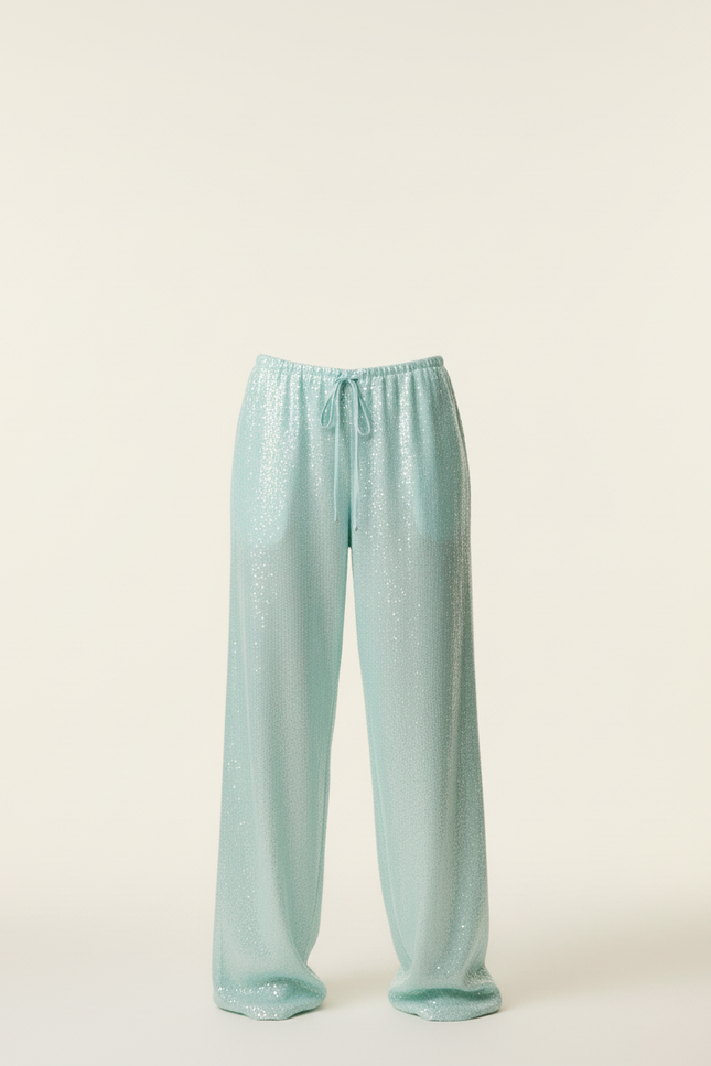 Pantalon Baggy Paillettes Fluide Large Taille Basse - Vert Polyester - vue 3