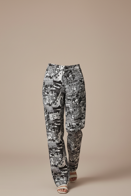 Pantalon Baggy Imprimé Comics Noir Blanc Fluide Femme - Viscose - vue 3