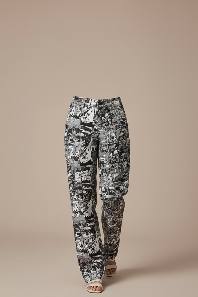 Pantalon Baggy Imprimé Comics Noir Blanc Fluide Femme - Viscose - vue 3