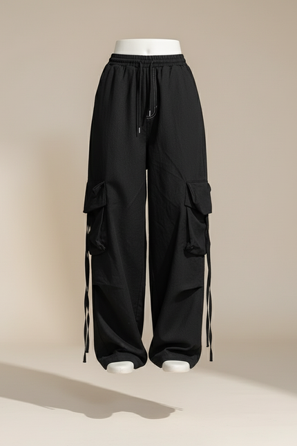 Pantalon Baggy Noir Cargo Ample Décontracté Cordon - Toile - vue 3