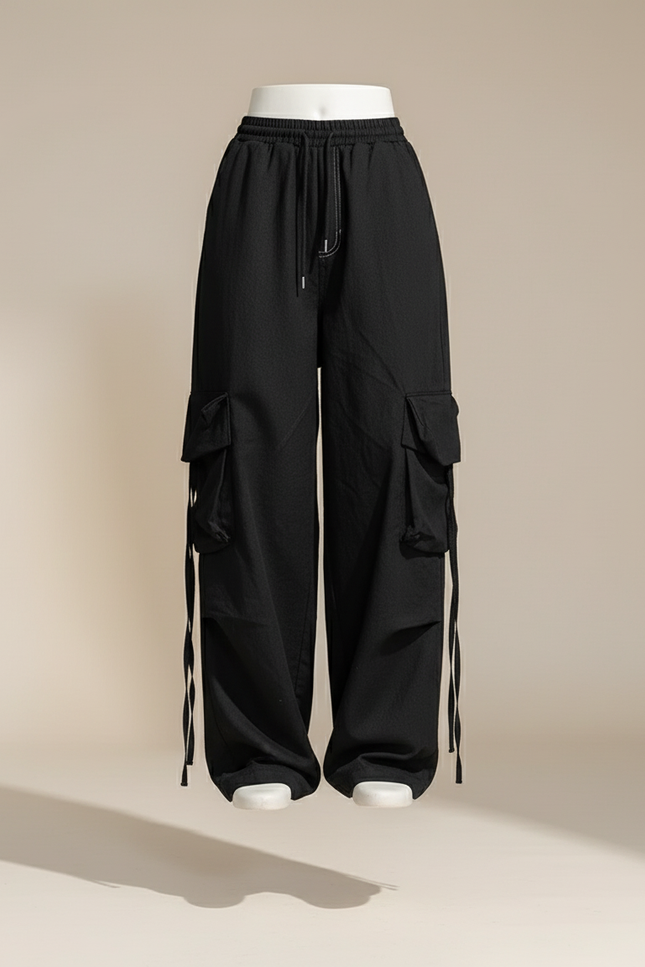 Pantalon Baggy Noir Cargo Ample Décontracté Cordon - Toile - vue 3