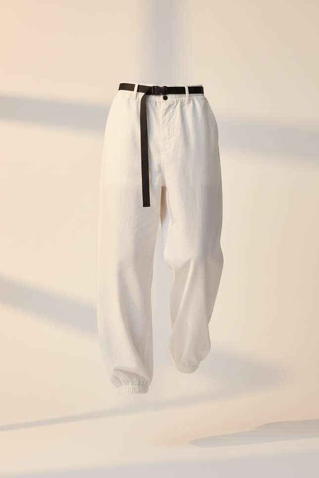 Pantalon Baggy Blanc Cassé Ample Coton Ceinturé - Beige - vue 3