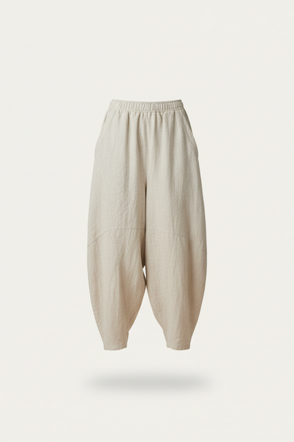 Pantalon Baggy Lin Beige Ample Fluide Décontracté Femme - vue 3