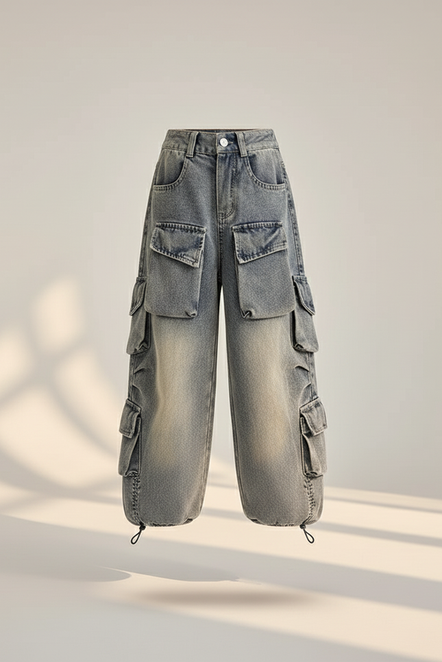 Pantalon Baggy Denim Gris Cargo Enfant Ample - Jean - vue 3