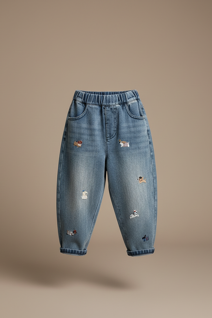 Pantalon Baggy Jean Brodé Ample Décontracté Enfant - Bleu - vue 3