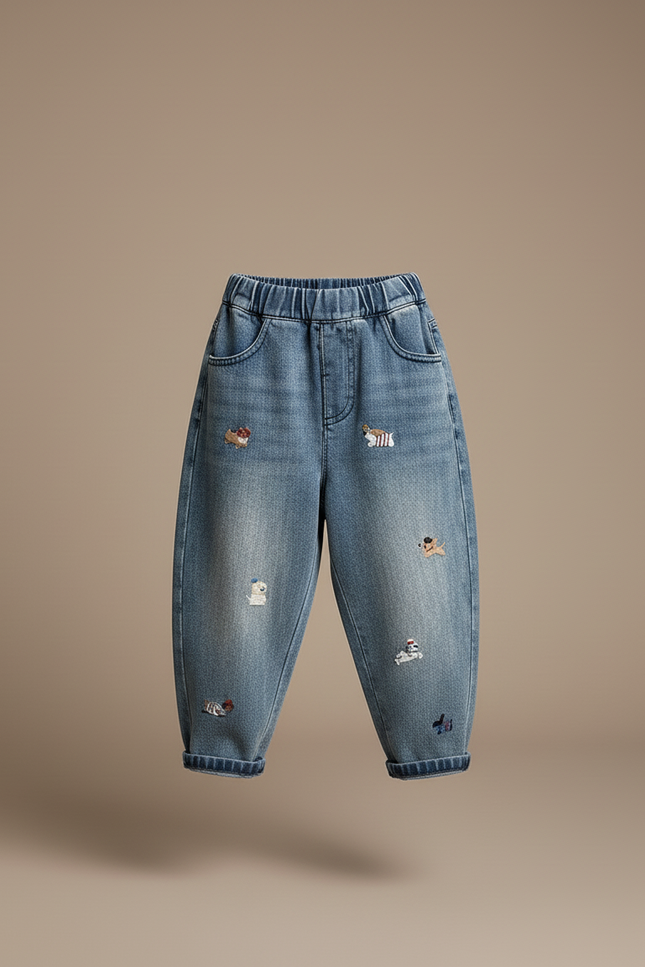 Pantalon Baggy Jean Brodé Ample Décontracté Enfant - Bleu - vue 3