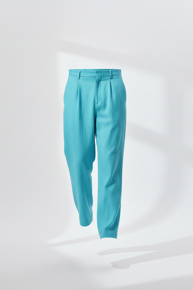 Pantalon Baggy Bleu Turquoise Lin Plissé Ample Homme - vue 3