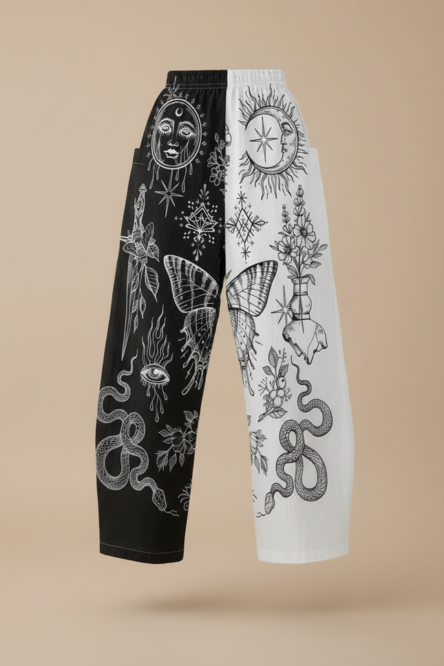 Pantalon Baggy Imprimé Lune Soleil Serpent Bicolore Large - Multicolore Coton - vue 3