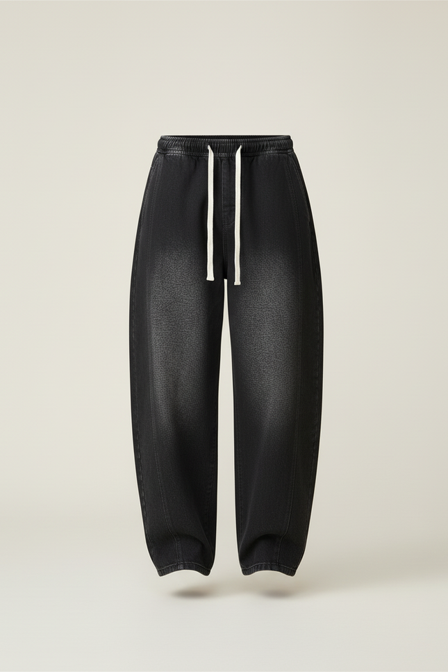 Pantalon Baggy Noir Ample Délavé Cordon Décontracté Homme - Jean - vue 3