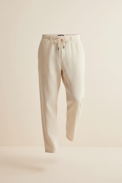 Pantalon Baggy Crème Lin Ample Cordon Décontracté - Beige - vue 3