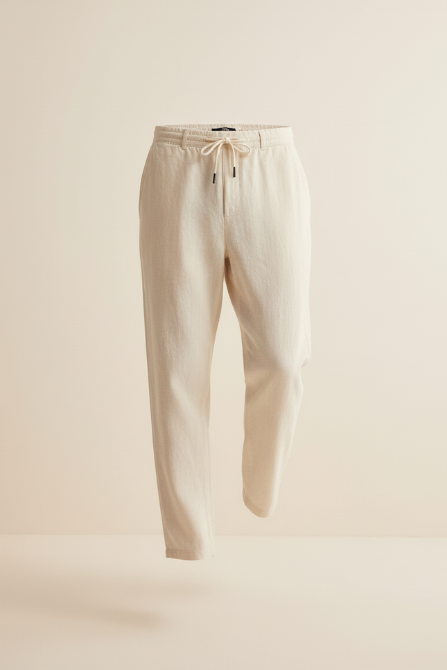 Pantalon Baggy Crème Lin Ample Cordon Décontracté - Beige - vue 3