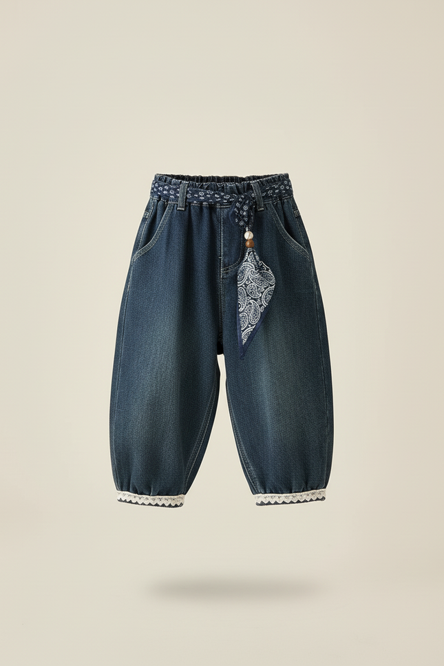 Pantalon Baggy Denim Bleu Ample Foulard Enfant - Jean - vue 3