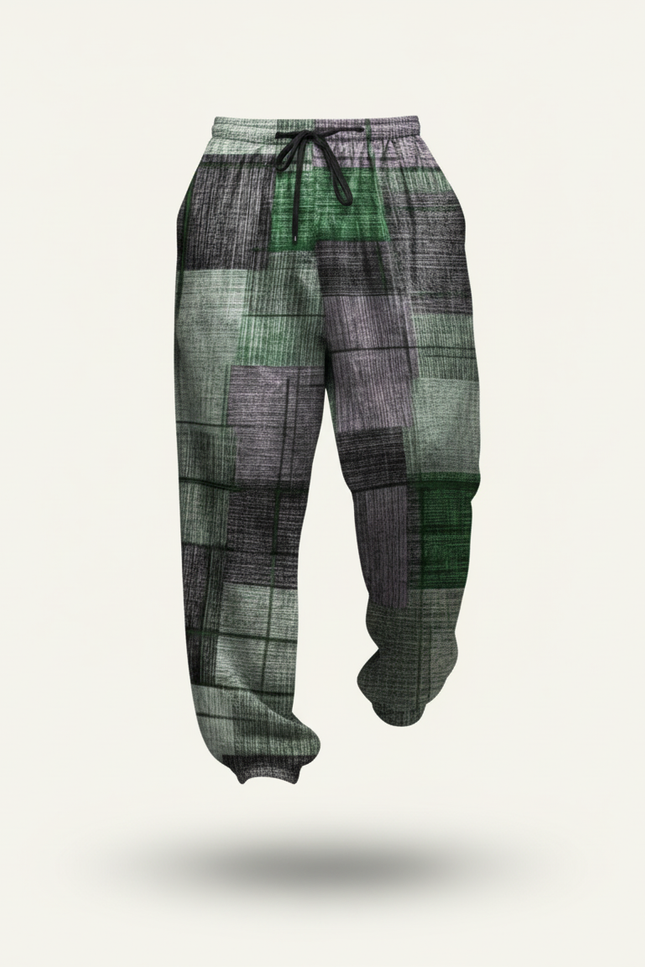 Pantalon Baggy Vert Gris Patchwork Décontracté Homme Cordon - Multicolore Molleton - vue 3