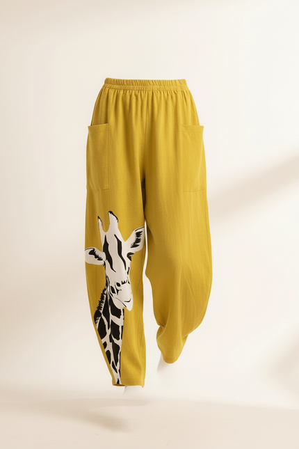 Pantalon Baggy Jaune Imprimé Girafe Ample Confortable - Lin - vue 3