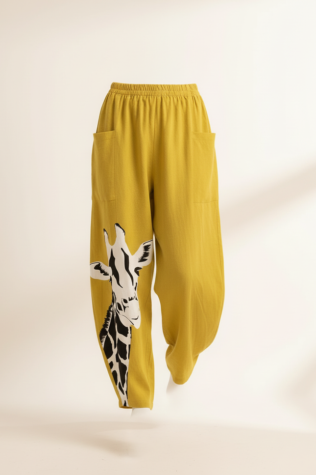 Pantalon Baggy Jaune Imprimé Girafe Ample Confortable - Lin - vue 3