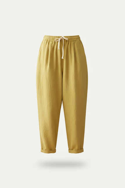 Pantalon Baggy Jaune Lin Ample Cordon Décontracté Femme - vue 3