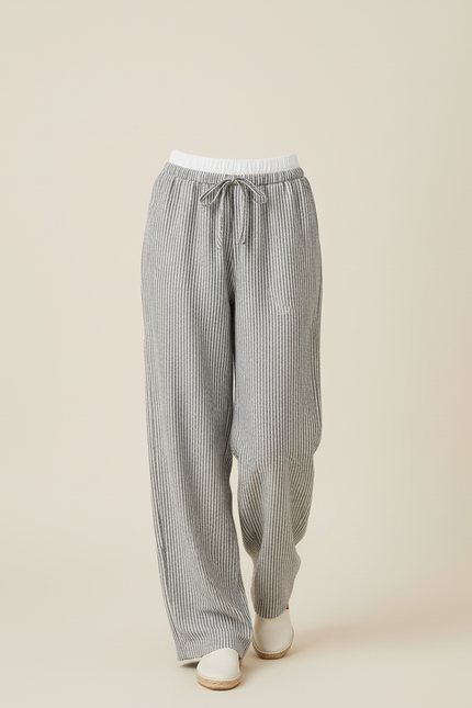 Pantalon Baggy Gris Rayé Fluide Ample Décontracté - Lin - vue 3