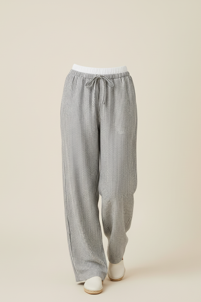 Pantalon Baggy Gris Rayé Fluide Ample Décontracté - Lin - vue 3